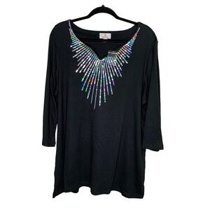 New Quaker Factory Iridescent Sequin Blouse 1X Black 3/4 Sleeve BNWOT